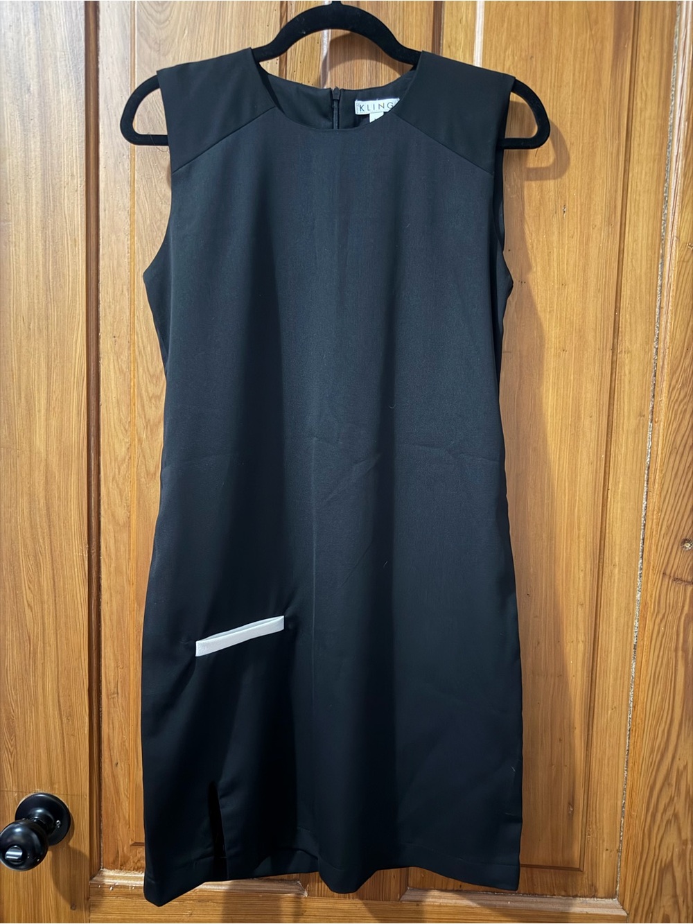 Kling Black Midi Shift Dress with White Pocket Trim